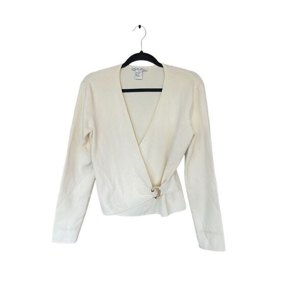 Lilllie Rubin Womens Cream V-Neck Long Sleeve Ribbed Wrap Top Size Large - Picture 3 of 9